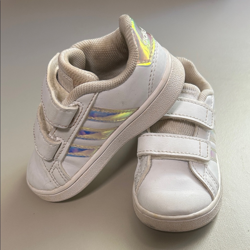 Adidas Kids White Sneakers with Iridescent Stripes